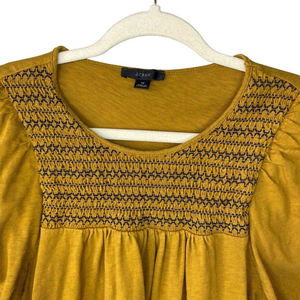 J.Crew Mustard Yellow Smocked Puff Sleeve Knit Top Gold Boho Scoop Neck Medium